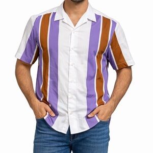 ZARA Vertical Strips Men's Short Sleeve Button-Up Shirt Size Large